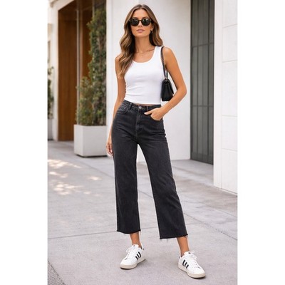 Amuse Society Black Straight Leg Cropped Jeans   Size 28 Raw Hem