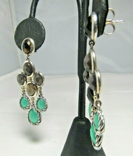 David Yurman SS & 18K Smoky Quartz, Green Onyx & Moonstones Chandlier Earrings - Picture 9 of 11