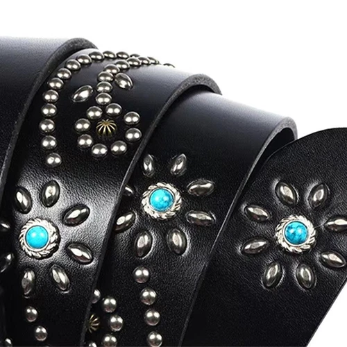 Real Leather Waist Belt Heavy Metal Stone Rivet Studded Unisex Punk Waistband - Picture 7 of 28