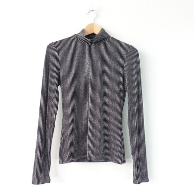 Y2K Metallic Cocktail Shirt XS Fitted Black Silver Roll Neck Glow BCBG MAX AZRIA