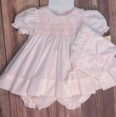 NWT Petit Ami Pink Smocked Lace 3PC Dress 9 Months Baby Girls & Bonnet 9M