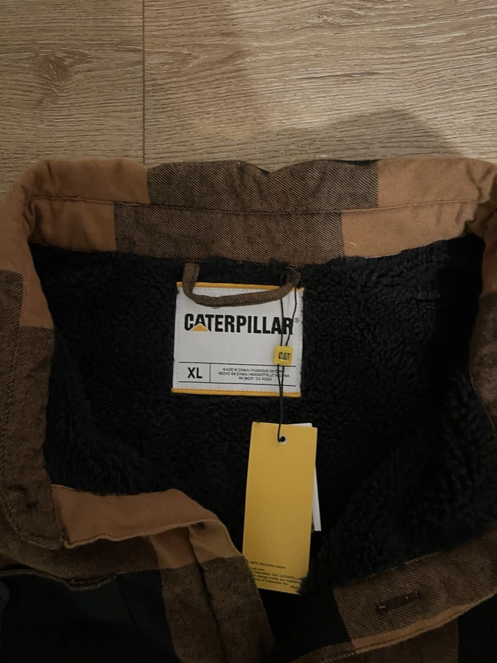 Caterpillar Mens Orange Plaid Sherpa Lined Button Up Flannel Shacket Size XL NWT - Image 3 of 3