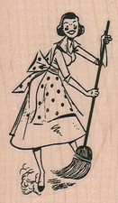 Lady Sweeping 1 3/4 x 2 3/4" Rubber Stamp, Person Stamp, Lady Stamp