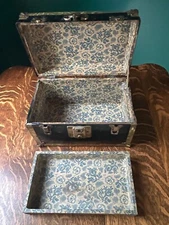 Antique Mini Salesman Sample Steamer Doll Trunk Original Insert Wallpaper Lined