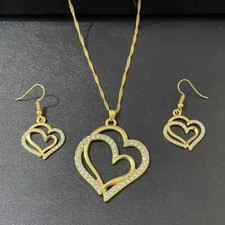 Double Hollow Heart Set Rhinestone Decor Pendant Necklace  Drop Earrings