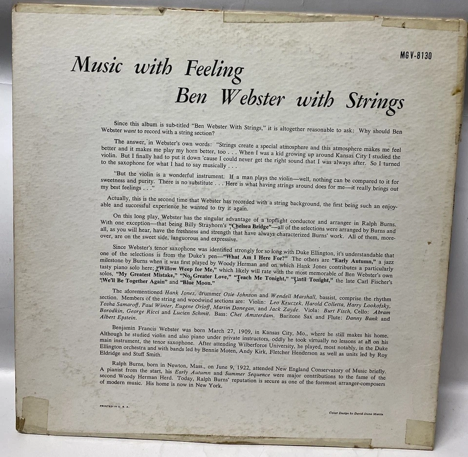 Ben Webster With Strings - Music With Feeling (LP) 1956 Verve Jazz VG/VG Foto 2 de 4