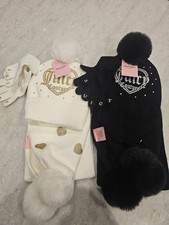 JUICY COUTURE KIDS 3-PIECE KNIT METALLIC HEARTS SCARF BEANIE GLOVE White  Black