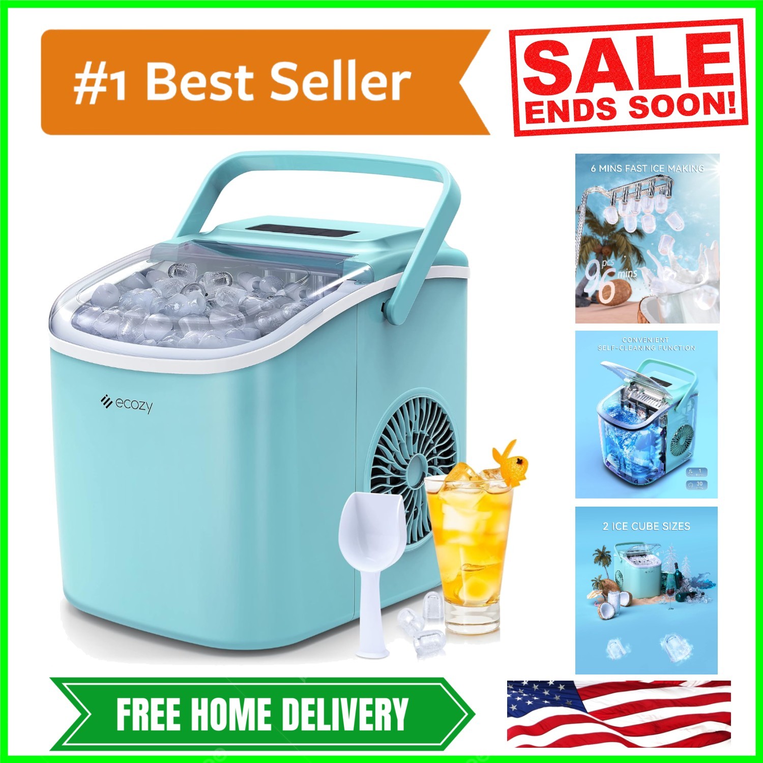 Portable Ice Maker with Self-Cleaning - 9 Cubes in 6 Mins, Compact Aqua Design-image