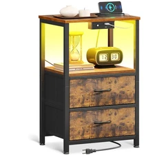 Night Stand with Charging Station and Lights, End Table for Bedroom with 2 Fa...