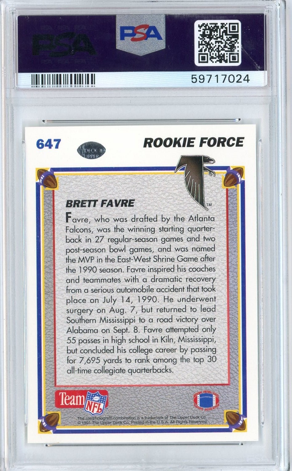Graded 1991 Upper Deck Brett Favre #647 Rookie RC Card PSA 10 Gem Mint view 2