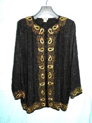 Vintage Style Design L Black Silk Gold Sequin Bead Dress Tunic Shirt Long Sleeve