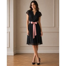 Kay Unger Silk Dress SZ14 Black Button Front Ribbon Waist Evening Party