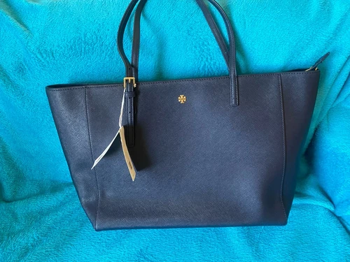Borsa a tracolla grande Tory Burch 134836 Emerson blu navy 405 pelle saffiano