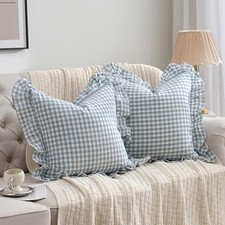 2 Pack Blue White Plaid Ruffle Throw Pillow 20" x 20" Pack of 2 Light Blue