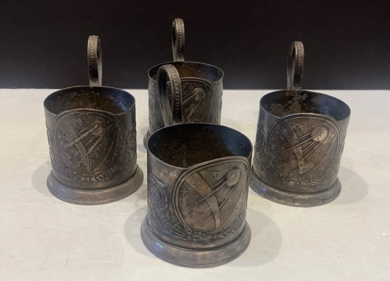 Set 4 Vintage Soviet Russian Sputnik Vostok Silver Plated Cup Holders