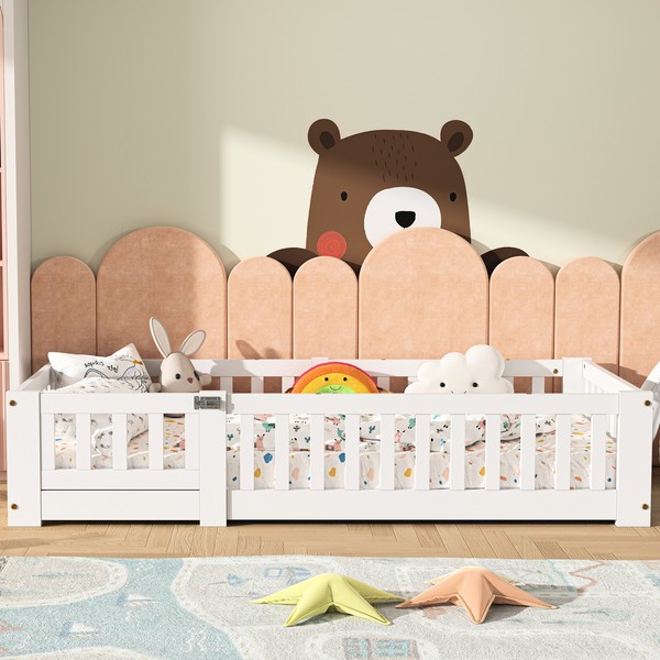 Kinderbett Bodenbett Mit Rausfallschutz Montessori Bett Kiefer Holz 120X200Cm.-image
