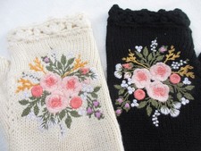 Crocheted Lace Gloves Womens Fingerless Open Floral Embroidery Text Cottagecore