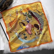 100% Mulberry Silk 20" Square Scarf Women Neckerchief Wrap Yellow Circus Animal