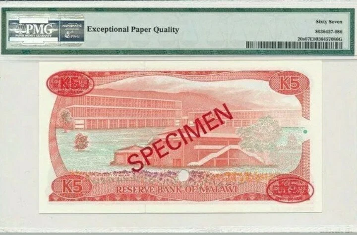 1986 MALAWI 5 Kwacha "SPECIMEN" PMG67 EPQ SUPERB GEM UNC <P-20s> - Image 2 of 2