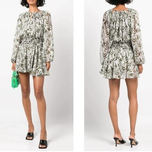MISA Los Angeles Mercy Dress Ikat Print Green Ivory XS $390 NEW Fairy Sheer Boho - 第 1/16 張圖片
