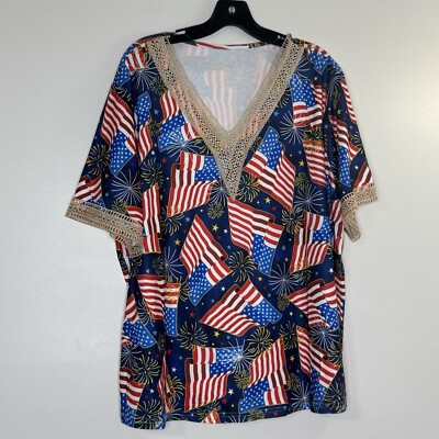 American Flag Plus Size Lace Embellished Short Sleeve Top Size XL