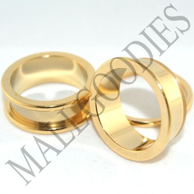 V012 Surgical Steel Gold Screw-on/fit Flesh Tunnels Earlets Ear Plugs 10G to 2''