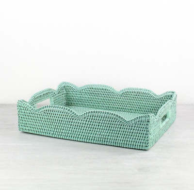 NEW Waved Edge Tight Woven Rattan Tray with Handles, Medium, Sage Leaf