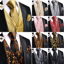 Hi-Tie Mens Vest Adjustable Red Black Navy Gold Waistcoat Necktie Set Wedding