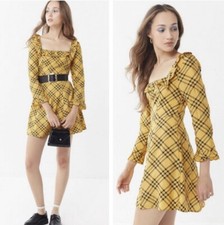 Urban Outfitters Womens Gold Black Kristen Plaid Ruffle Mini Dress Size M