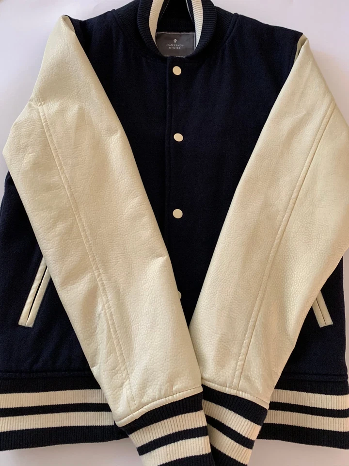 Hawkins McGill 男式 Varsity Letterman's 夹克 海军蓝 白色 中码 — 第 3/4 张图片