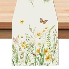 Spring Floral Table Runner 13x90 Inch Yellow White Wildflowers Butterfly