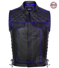 Men's Black Leather Vest Diamond Side Laces Motorcycle Blue Concealed Waistcoat