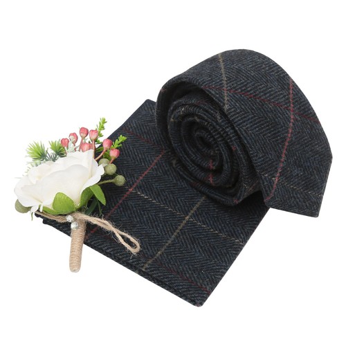 Ensemble homme tweed à carreaux à chevrons style moderne cravate fine et poche carrée par DQT - Photo 8/25