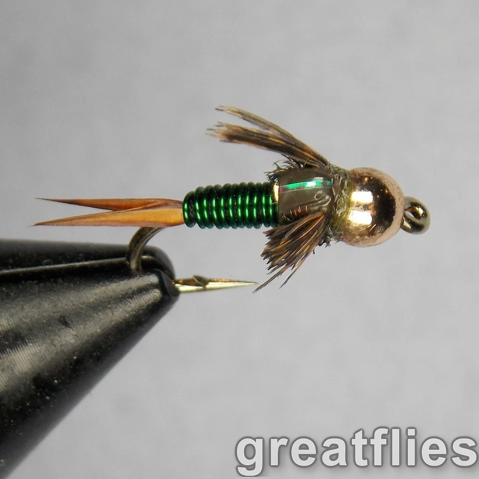 1 dozen (12) - Copper John - GREEN - Bead Head