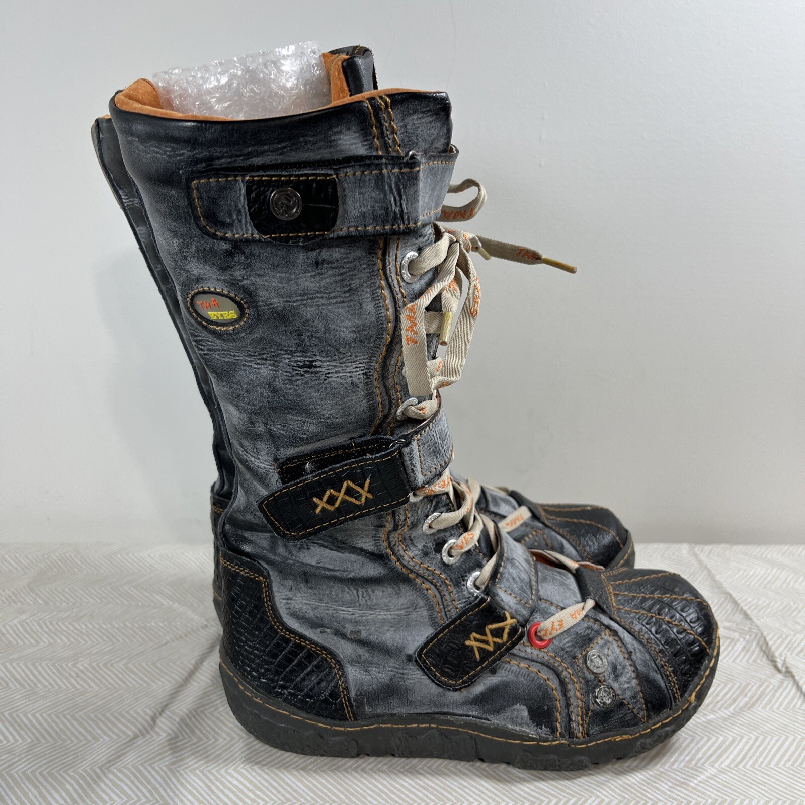 TMA EYES PU and Leather Patchwork Upper Lace-Up Fur Lining Mid-calf Women Boots