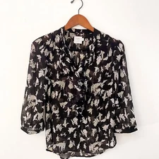 Anthropologie HD in Paris Black and White Paris Figures Cameo Sheer Blouse, Size