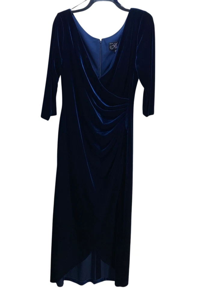 Alex Evenings Party Navy Blue Velvet Ruched Maxi Dress Gown 12P Mother Of Bride - Image 3 of 4