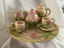 Miniature Tulip Embossed Tea Set Resin 9 Pieces Inc. 2 Lids 5 1/4” Tray