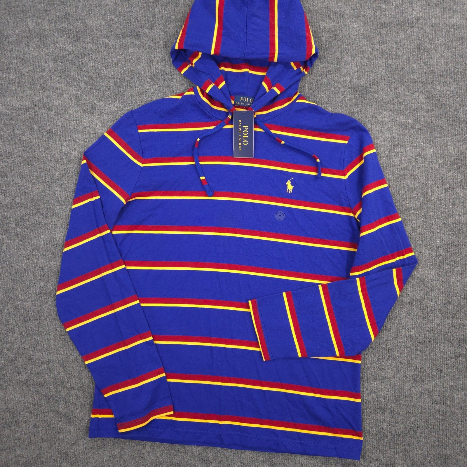 Polo Ralph Lauren Hoodie Shirt Mens M Blue Striped Lightweight Pony Pullover NEW