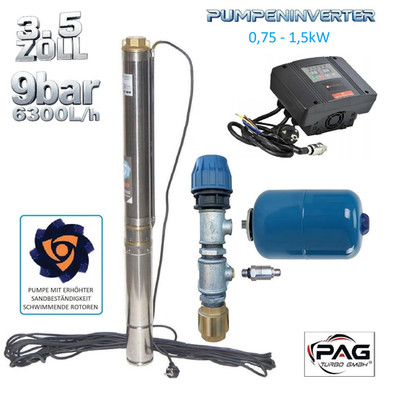   3,5'' Tiefbrunnenpumpe 6300L/h 9bar - Inverter -Anschluss SET für Bewässerung  