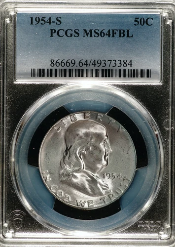 1954-S Franklin Half Dollar 90% Silver UNC PCGS MS64 FBL, White, Luster 384