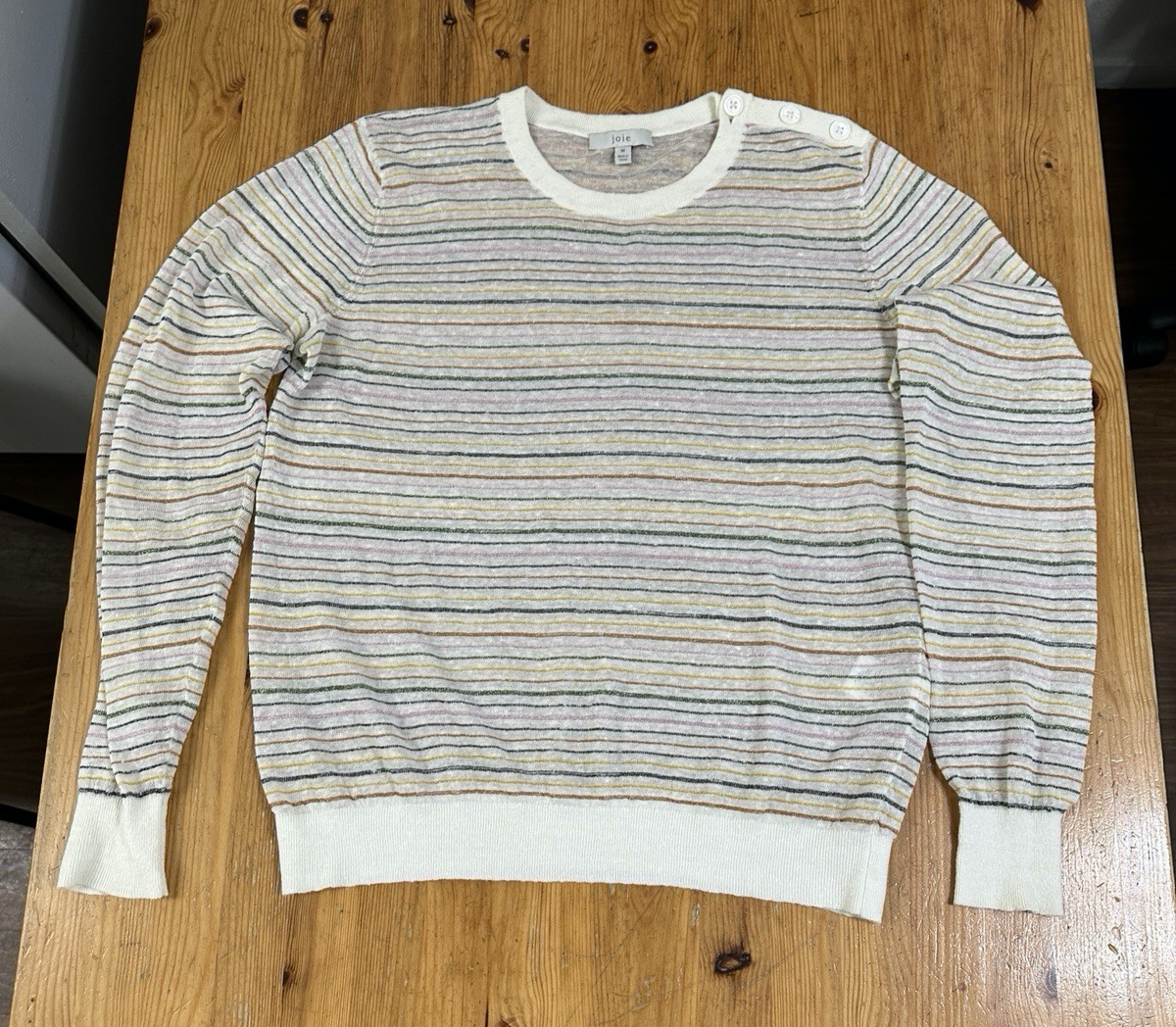 Joie Women Cream Linen Striped Metallic Sweater lightweight M