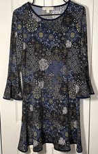 MICHAEL Michael Kors Women’s Blue/Gold Mosaic Dress W/Bell Sleeves Size L