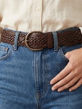 Woven Braided Bonded Leather Belt Dark Brown Antique Brass Buckle Adjustable