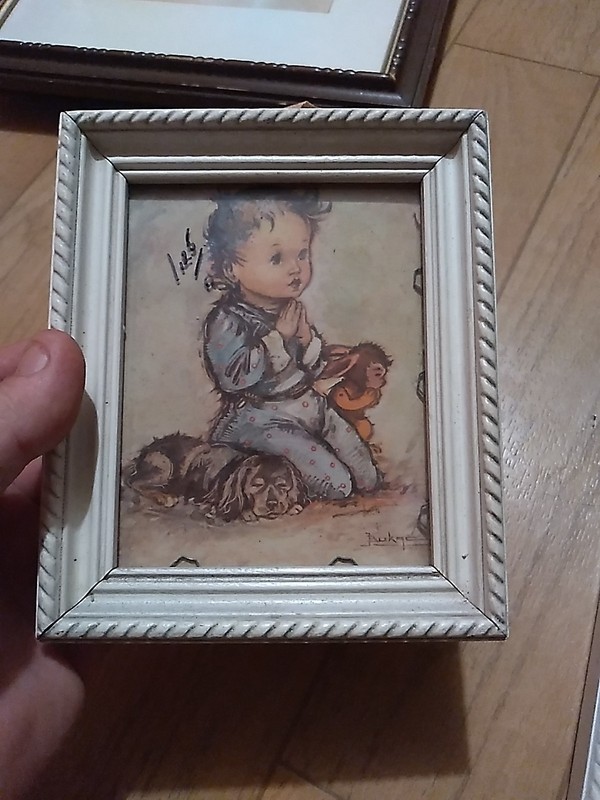 Vintage 4" x 5" Print NY Kneeling Praying With Dog & Rabbit Bukge 7" x 9" Frame