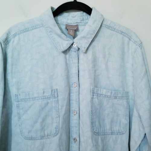 Chicos Denim Shirt Size 3 Womens XL Blue Floral Button Up Roll Tab Sleeves - Picture 2 of 10