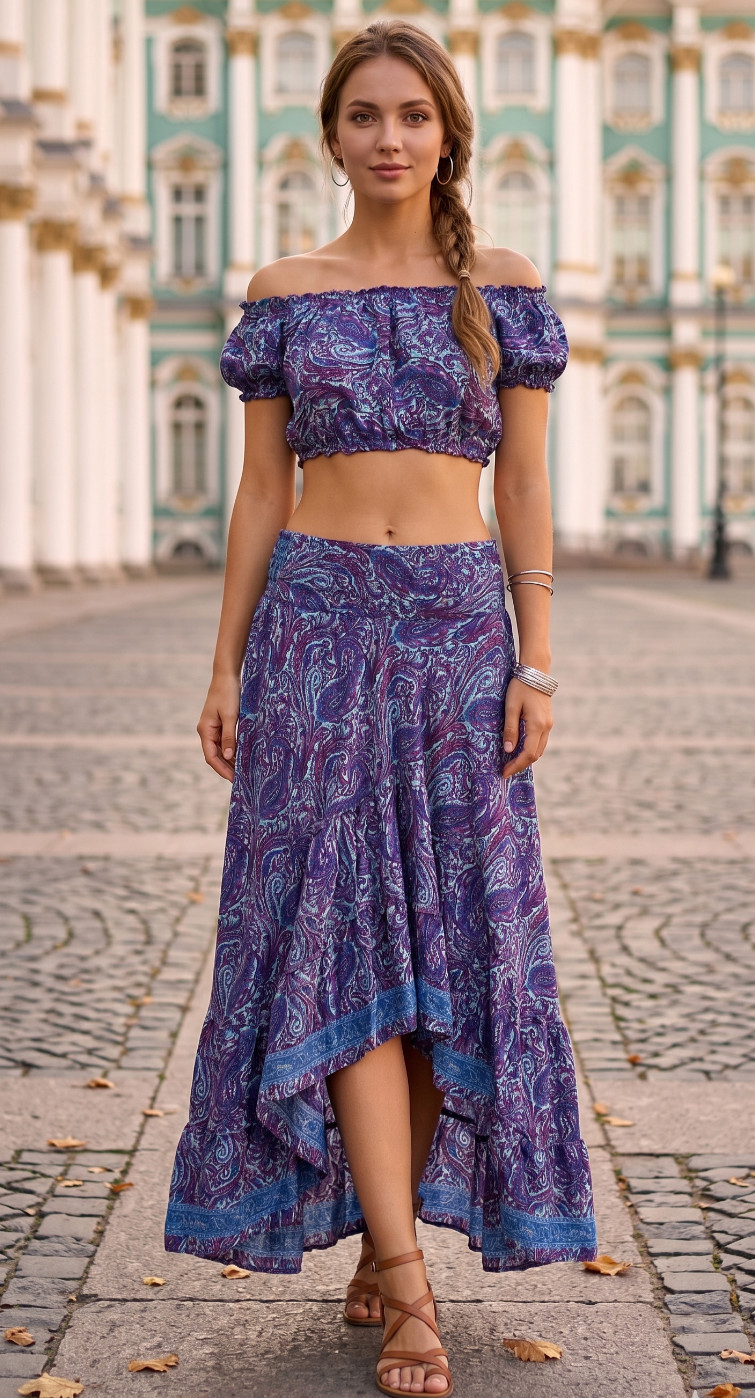 Mujeres Floral Estampado Crop Top y Alta Falda Baja Conjunto de Dos Piezas Ve...