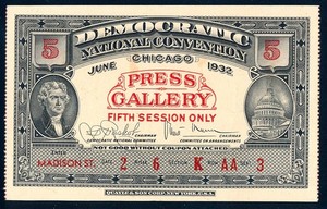1932 Democratic National Convention, Chicago, Press Ticket, FDR, XF