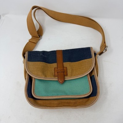 Fossil Canvas Colorblock Stripe Crossbody Messenger Bag Mustard Navy Teal