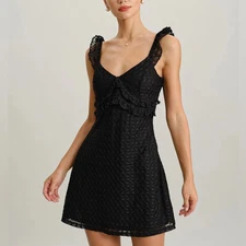 Rihoas Chic Black V Neck Ruffle Mini Dress